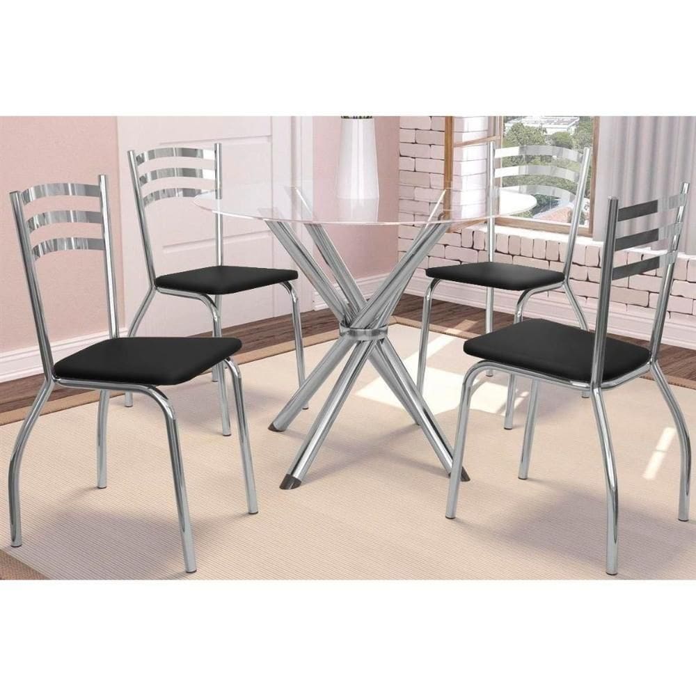 Sala De Jantar Volga Com Tampo De Vidro 95cm E 4 Cadeiras Portugal Cromada Preto