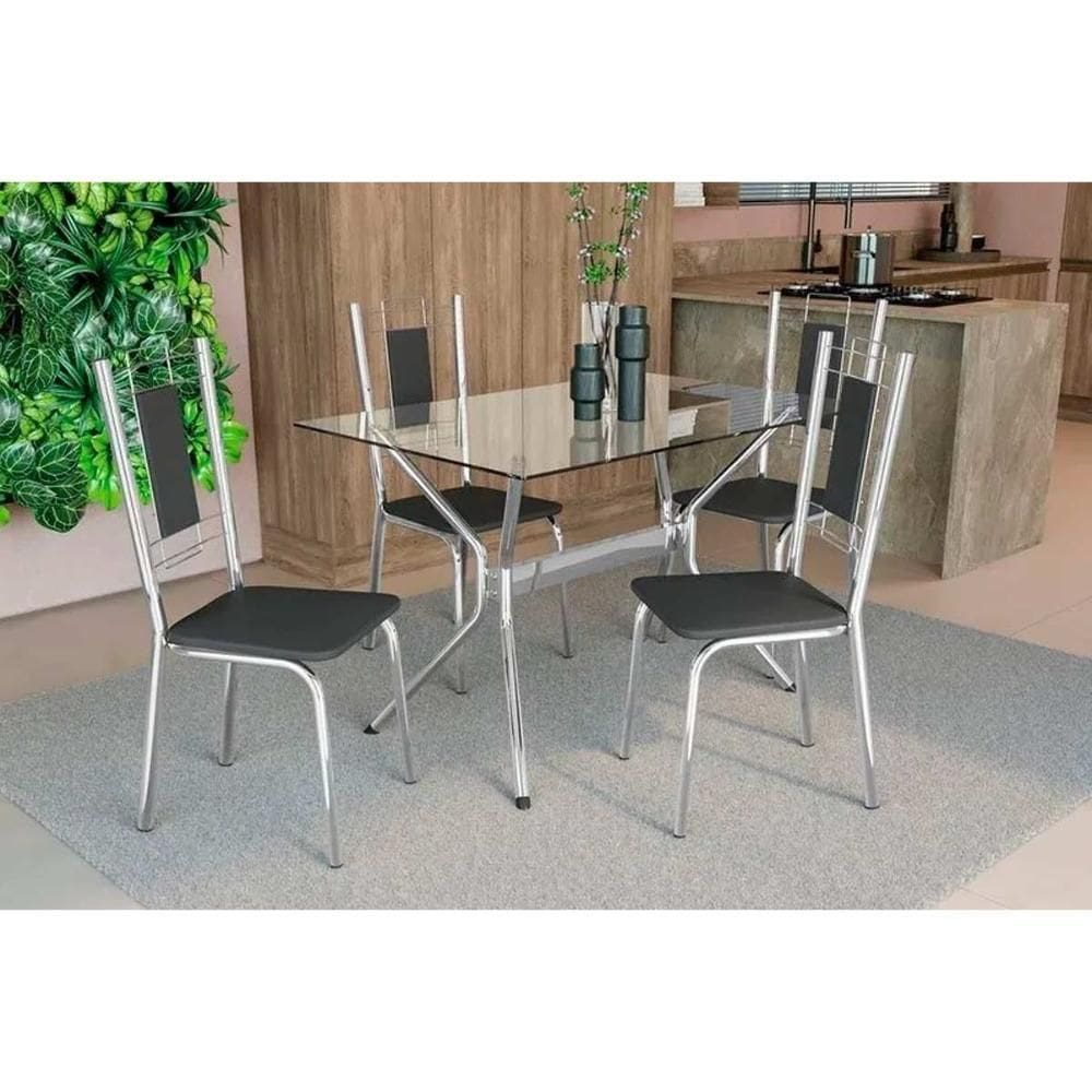Conjunto Mesa Sala Jantar Loire Com Tampo De Vidro 120x80cm E 4 Cadeiras Florença Cromada Preto Kappesberg