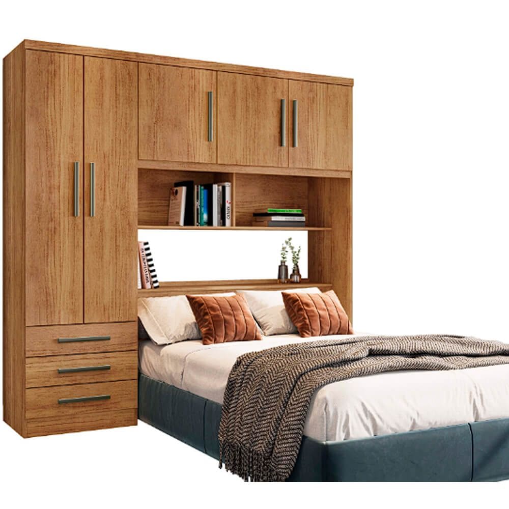 Guarda Roupa Mexico Casal com Cabeceira Baú 5 Portas 3 Gavetas e Prateleiras Rud Rack Cor Cedro