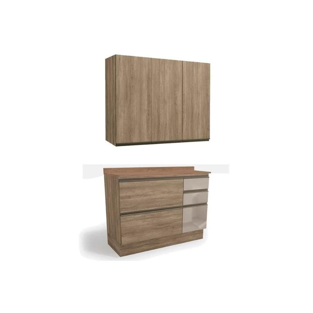 Cozinha Modulada Maxxi 3 Peças 1 Aéreo + 1 Balcão + Complemento C3p12 Nogal
