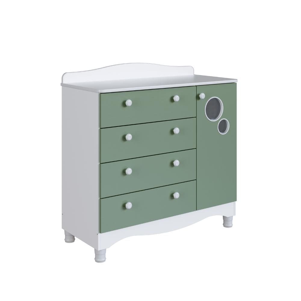 Cômoda Infantil 4 Gavetas 1 Porta Fraldário Linha Encanto 90cm Branco/Verde - Completa Móveis
