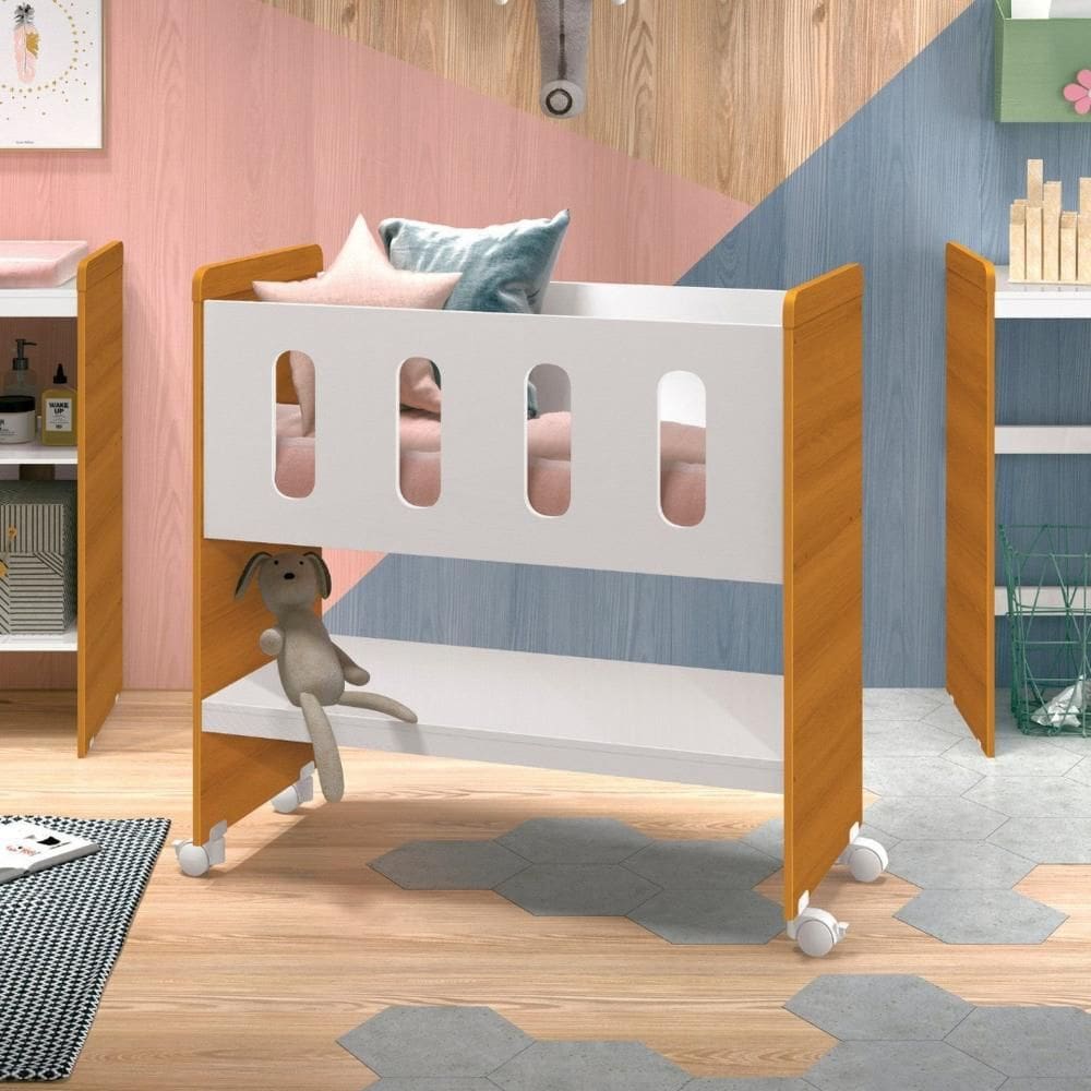 Mini Berço 3 em 1 93cm X 94cm Escrivaninha e Trocador Zain Branco/Savana