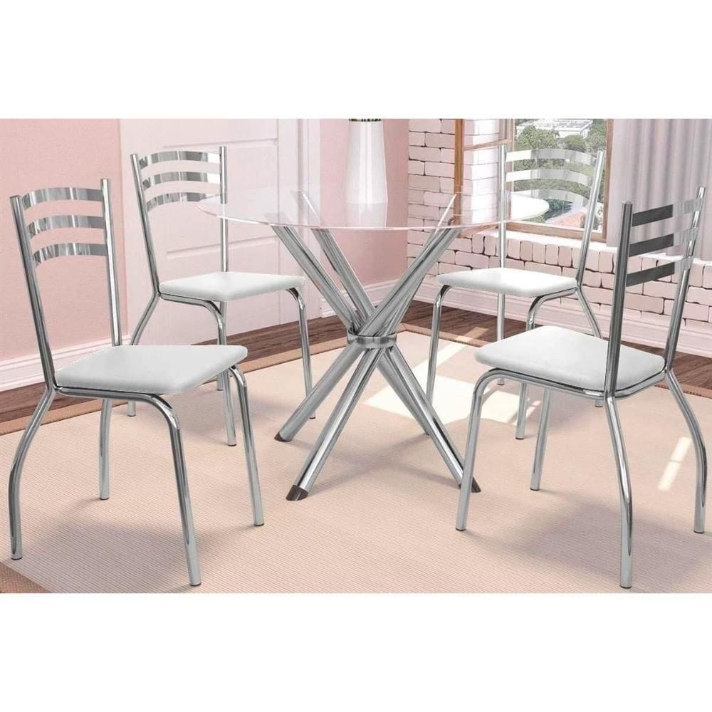 Sala De Jantar Volga Com Tampo De Vidro 95cm E 4 Cadeiras Portugal Cromada Branco