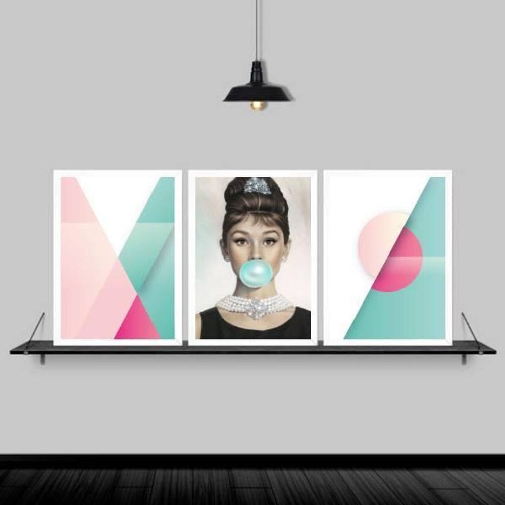Kit 3 Quadros Abstratos Audrey Chiclete 45x34cm - Branco