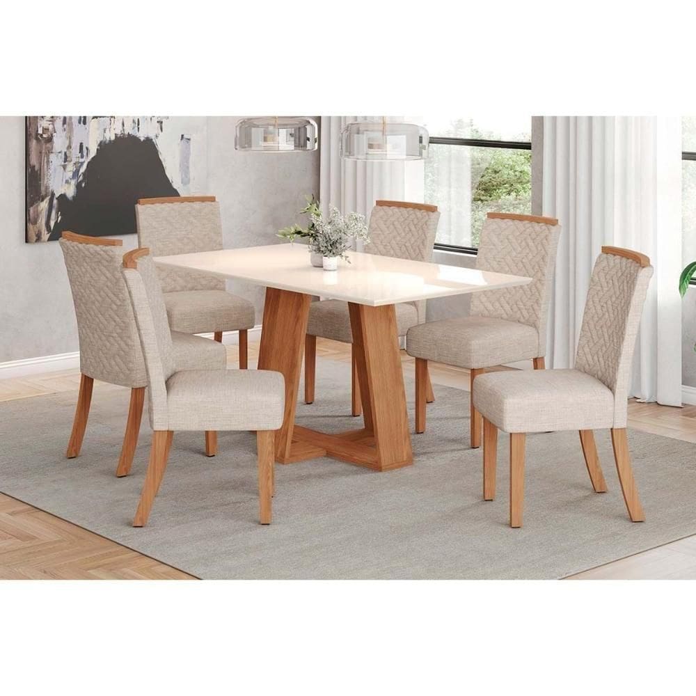 Conjunto Mesa Sala Jantar Lins Com Tampo Madeirado Reto 160x90cm E 6 Cadeiras Malu Nature Linho Henn