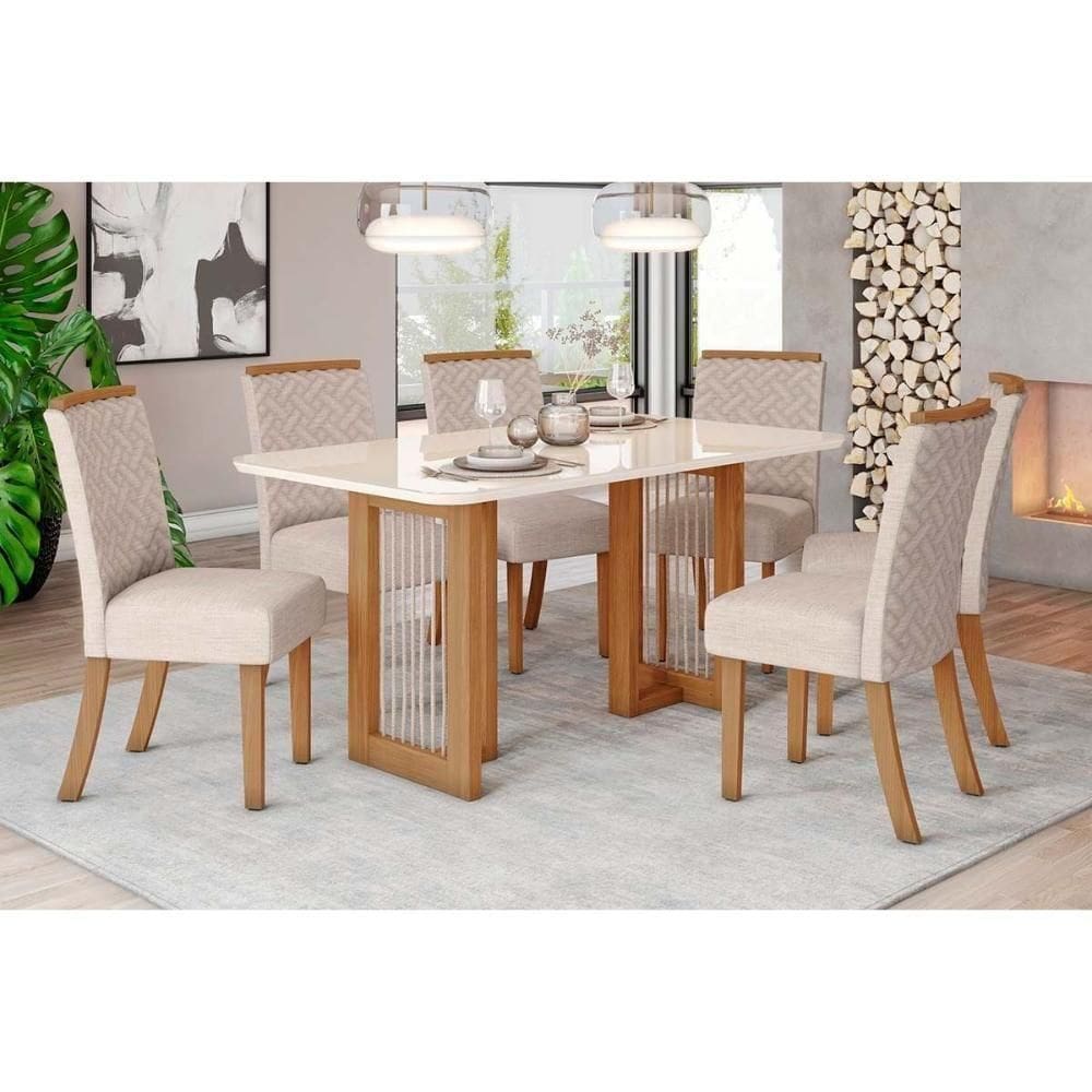 Conjunto Mesa De Cozinha Yara Com Tampo Madeirado Com Vidro Curvo 160x90cm E 6 Cadeiras Malu Nature Linho Henn