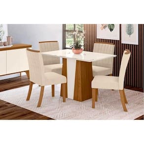Conjunto Mesa De Cozinha Orus Com Tampo Madeirado 120x80cm E 4 Cadeiras Tauá Nature Off White Linho Bege Henn