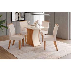 Conjunto Mesa De Cozinha Luiza Com Tampo De Vidro 120x80cm E 4 Cadeiras Vita Nature Off White Linho Bege Henn