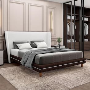 Conjunto Cama Com Cabeceira Queen Torres Pés Em Madeira Pu/bouclê Marrom/off White G91 - Gran Belo