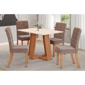 Conjunto Mesa De Cozinha Lins Com Tampo Reto Madeirado 120x80cm E 4 Cadeiras Esther Nature Linho Cacao Henn