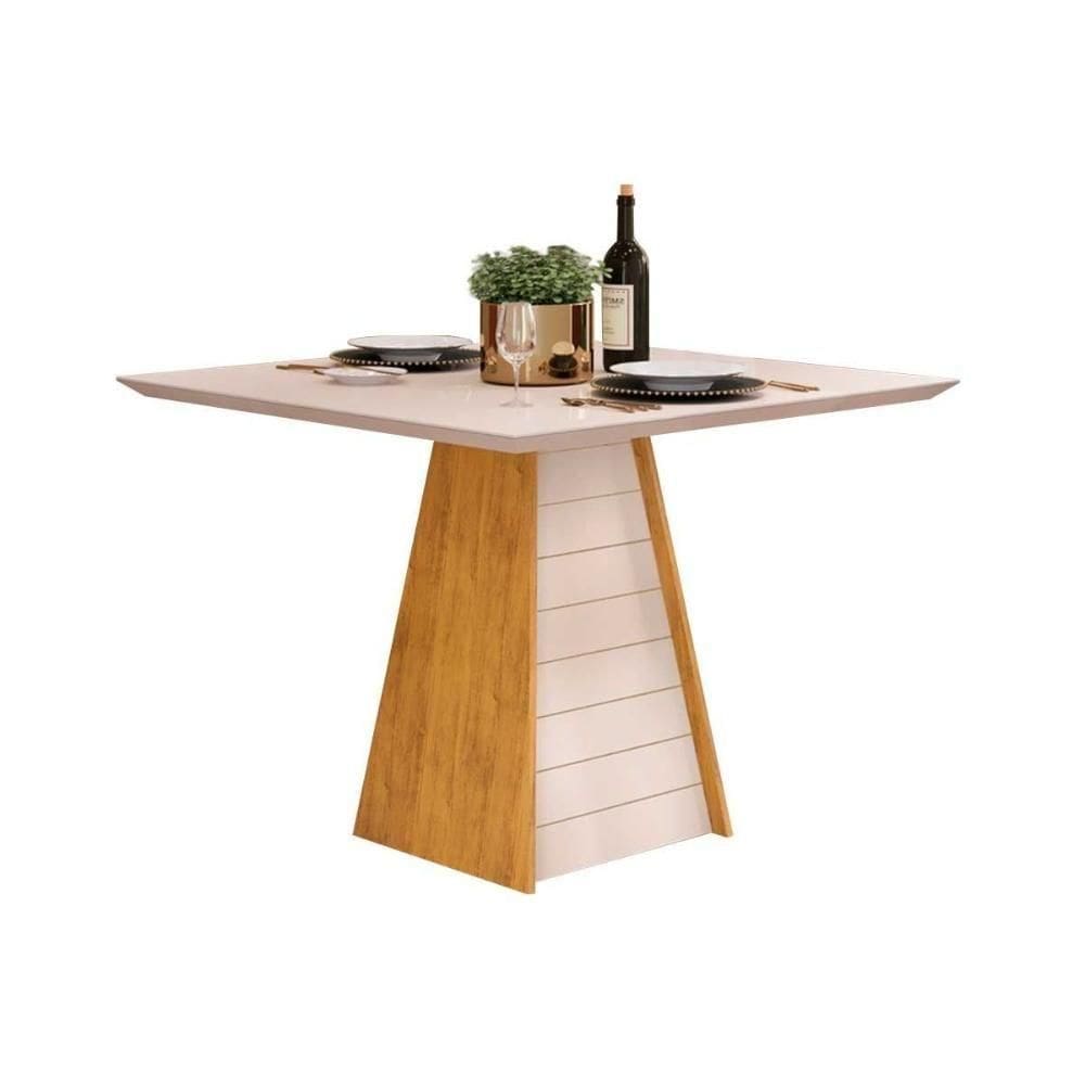 Mesa Para Cozinha Fler Com Tampo Madeirado Com Vidro 90x90cm Cedro Off White Off White Dj Móveis