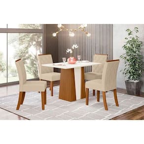Conjunto Mesa De Cozinha Orus Com Tampo Madeirado 120x80cm E 4 Cadeiras Vita Nature Off White Linho Bege Henn