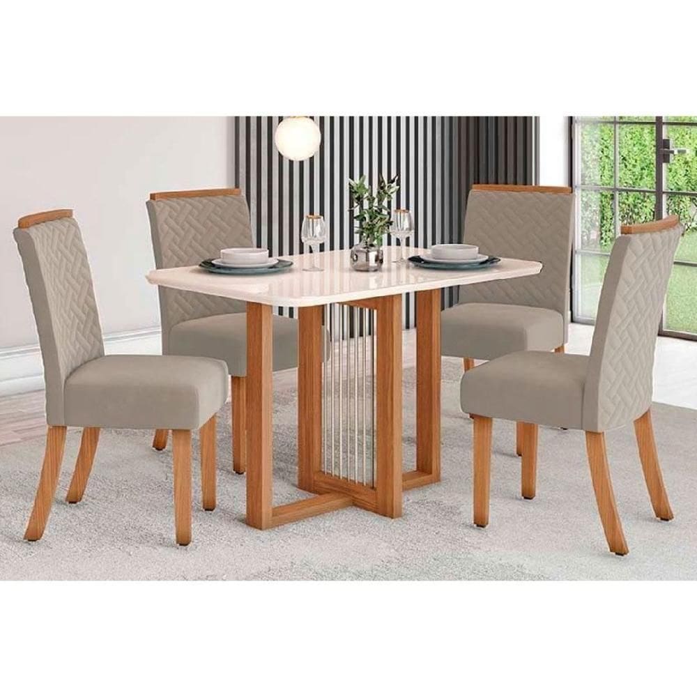 Conjunto Mesa Sala Jantar Natalí Com Tampo Madeirado Com Vidro Curvo 120x80cm E 4 Cadeiras Malu Nature Linho Henn