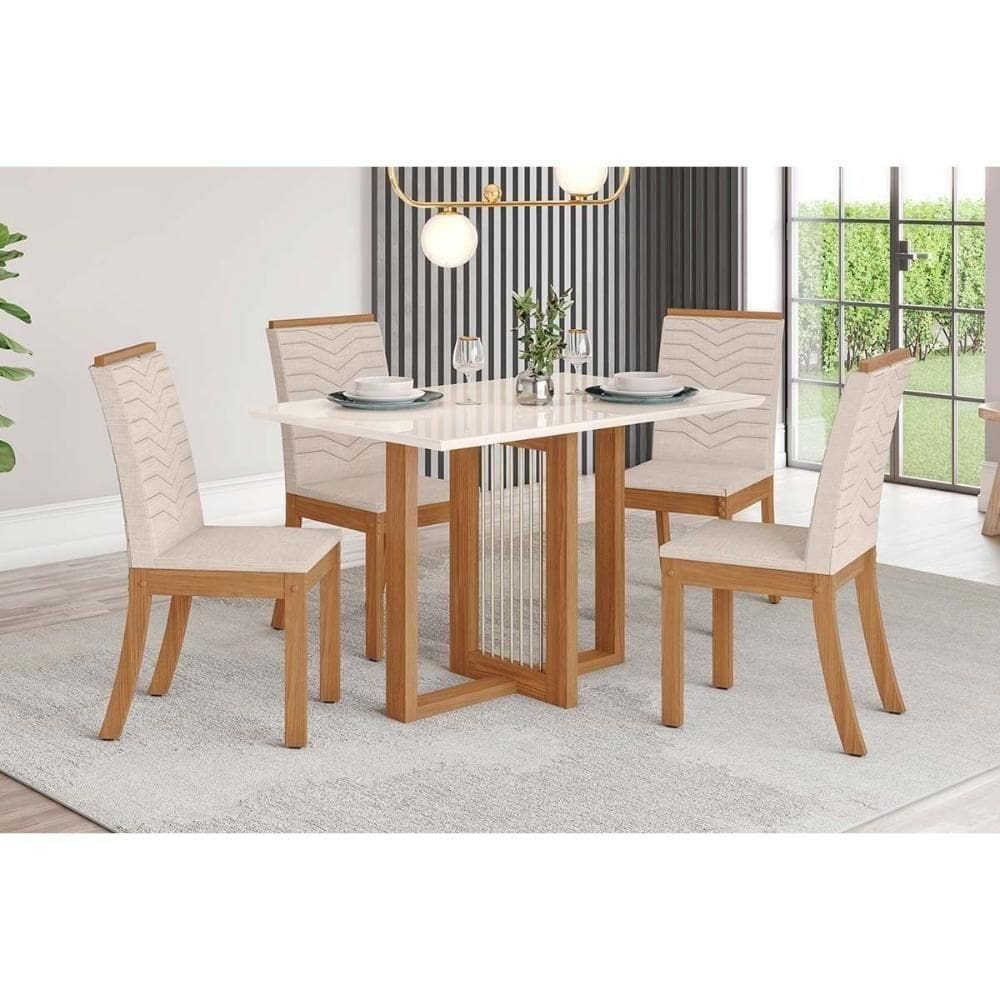 Conjunto Mesa Sala Jantar Natalí Com Tampo Madeirado Com Vidro Reto 120x80cm E 4 Cadeiras Isa Nature Linho Henn