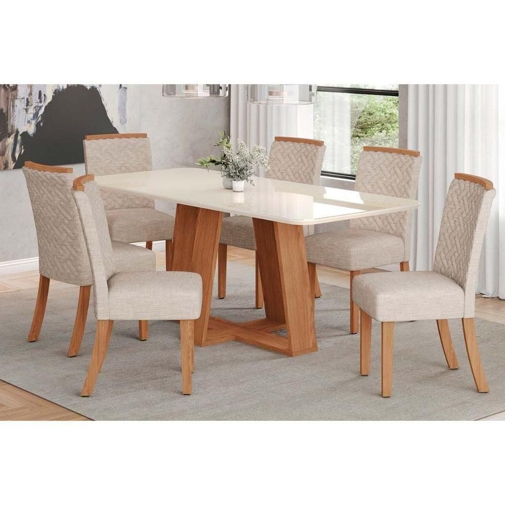 Conjunto Mesa De Cozinha Lins Com Tampo Madeirado Com Vidro Curvo 200x90cm E 6 Cadeiras Malu Nature Linho Henn