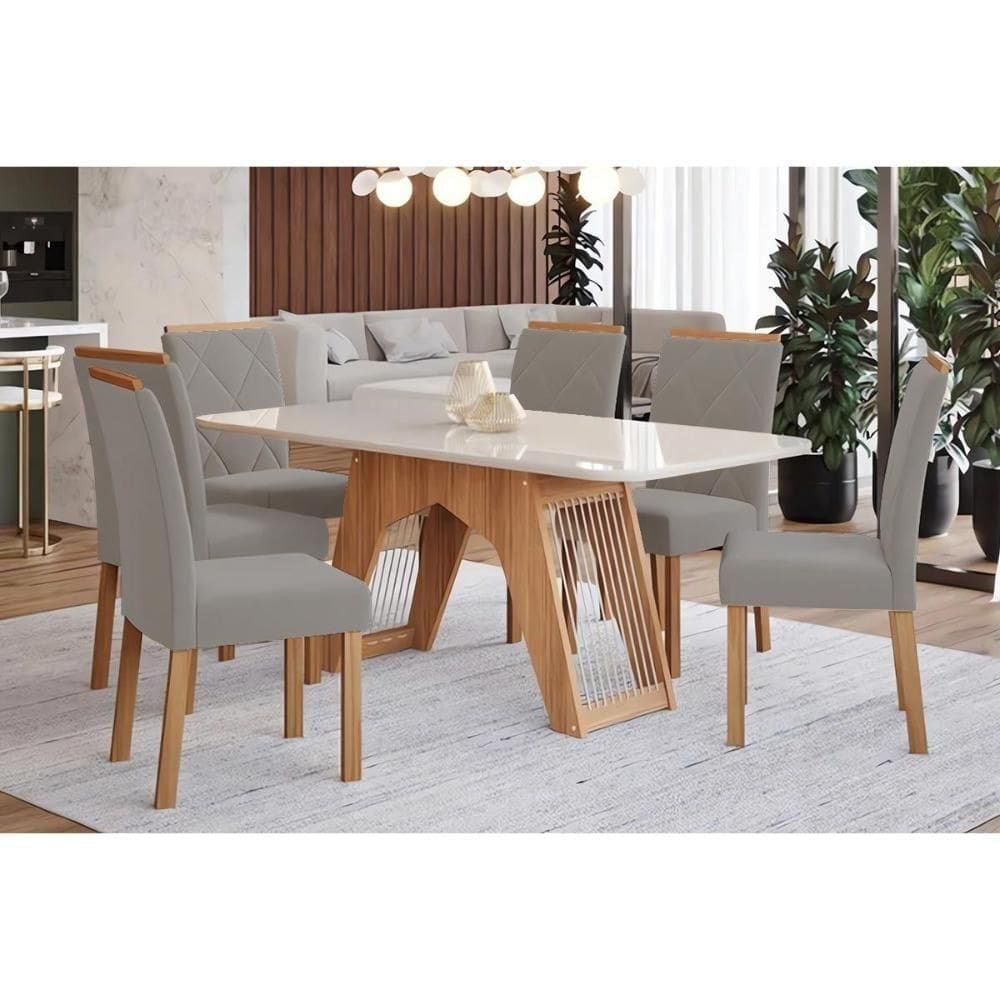 Conjunto Mesa De Cozinha Carol Tampo Madeirado Com Vidro 180x90cm E 6 Cadeiras Fernanda Madeirado Linho Grafite Cimol