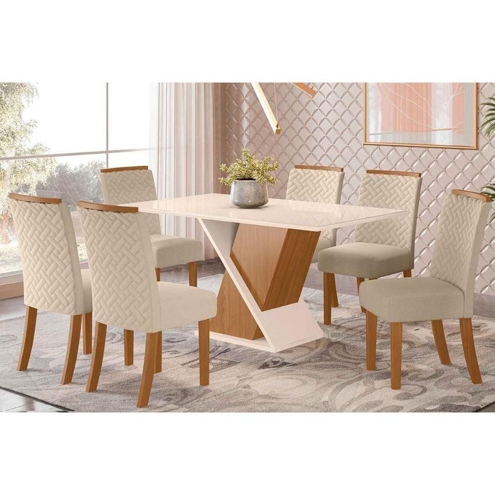 Conjunto Mesa De Cozinha Solus Tampo Madeirado Com Vidro 160x90cm E 6 Cadeiras Malu Nature Linho Henn