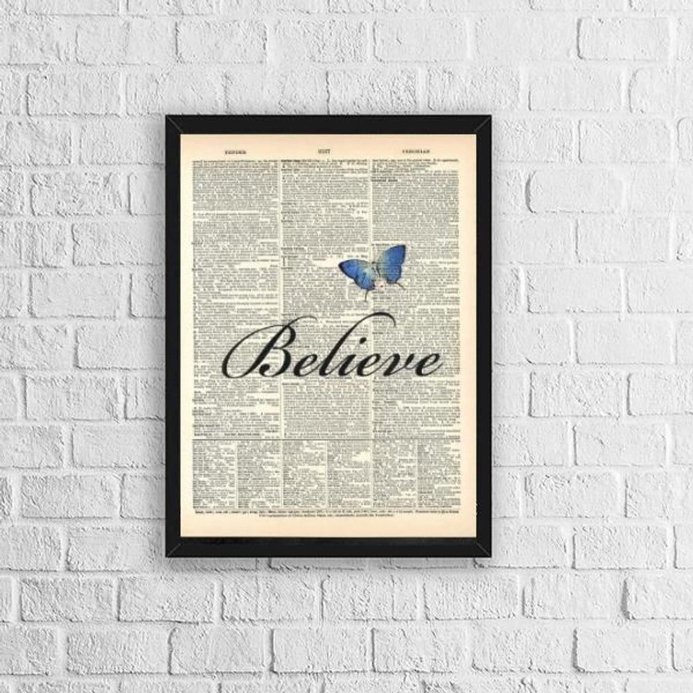 Quadro Borboleta Azul Believe 33X24Cm Com Vidro - Preta