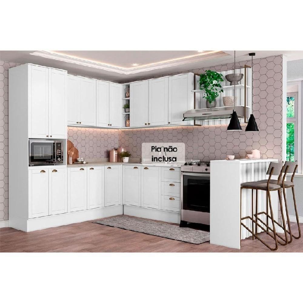 Cozinha Completa 9 Peças Bella 3 Aéreos 3 Balcões 1 Torre Quente 1 Ilha 1 Complemento C9p199 Branco
