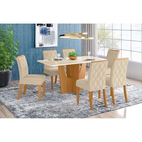 Conjunto Mesa De Cozinha Vértice Tampo Madeirado Com Vidro 160x80cm E 6 Cadeiras Vita Nature Linho Henn