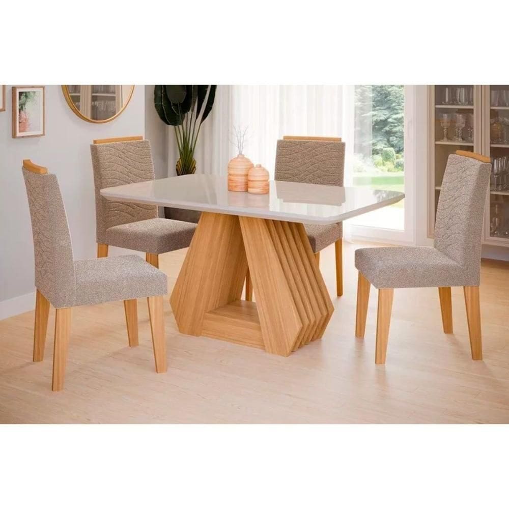 Conjunto Mesa Sala Jantar ágata Com Tampo Madeirado Com Vidro 130x80cm E 4 Cadeiras Clarice Madeirado Linho Bege Cimol