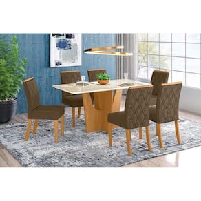 Conjunto Mesa De Cozinha Vértice Tampo Madeirado Com Vidro 160x80cm E 6 Cadeiras Vita Nature Suede Light Bege Henn
