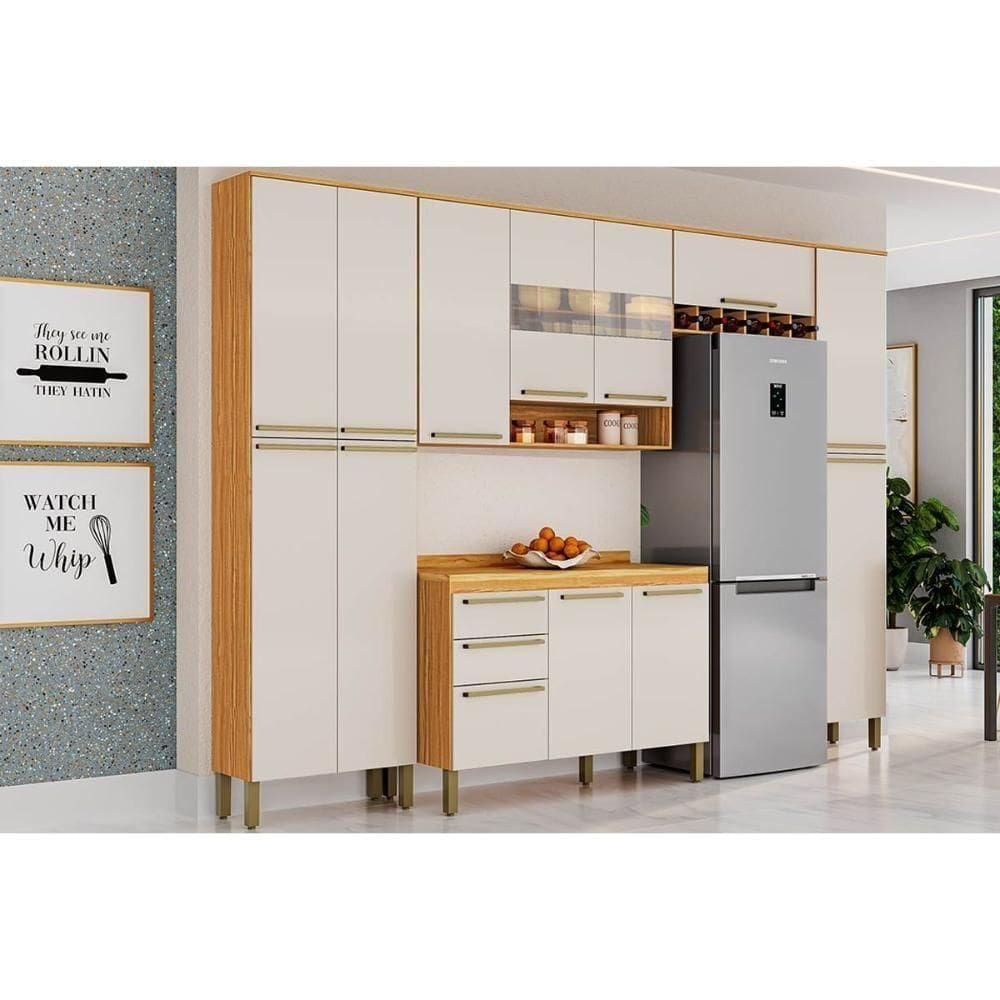 Cozinha Modulada Completa Nápoli  5 Peças 2 Aéreos + 1 Balcão+ 2 Paneleiros C5p04 Amendoa Off White Ronipa