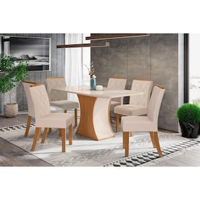 Conjunto Mesa De Cozinha Luiza Com Tampo De Vidro 160x90cm E 6 Cadeiras Vita Nature Off White Linho Bege Henn