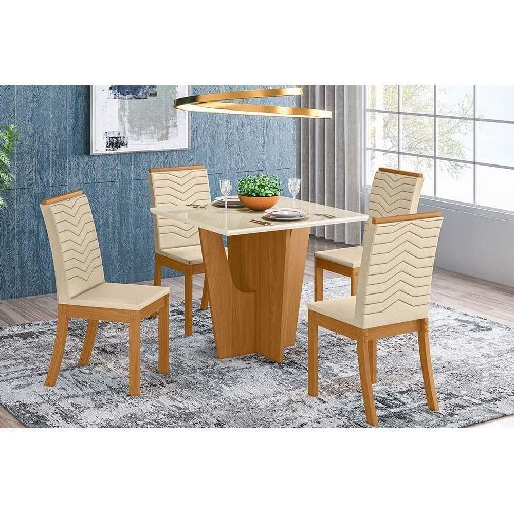 Conjunto Mesa De Cozinha Vértice Tampo Madeirado Com Vidro 90x90cm E 4 Cadeiras Isa Nature Linho Henn