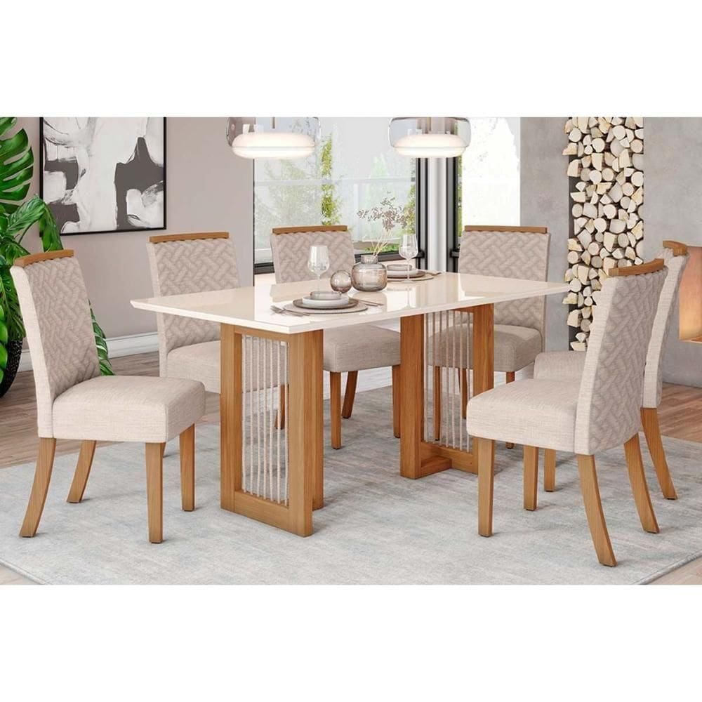 Conjunto Mesa De Cozinha Yara Com Tampo Madeirado Com Vidro Reto 160x90cm E 6 Cadeiras Malu Nature Linho Henn