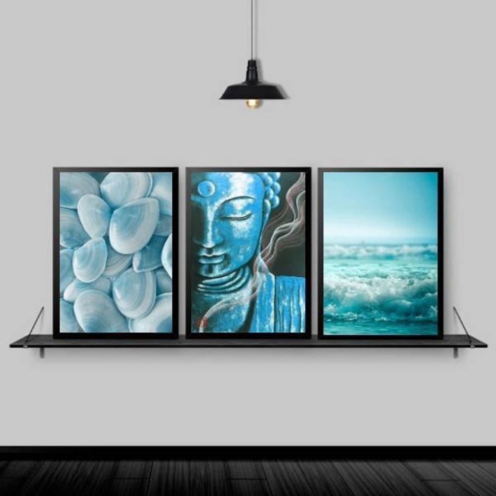 Kit 3 Quadros Zen Buda Mar Azul 24x18cm - Madeira Preta