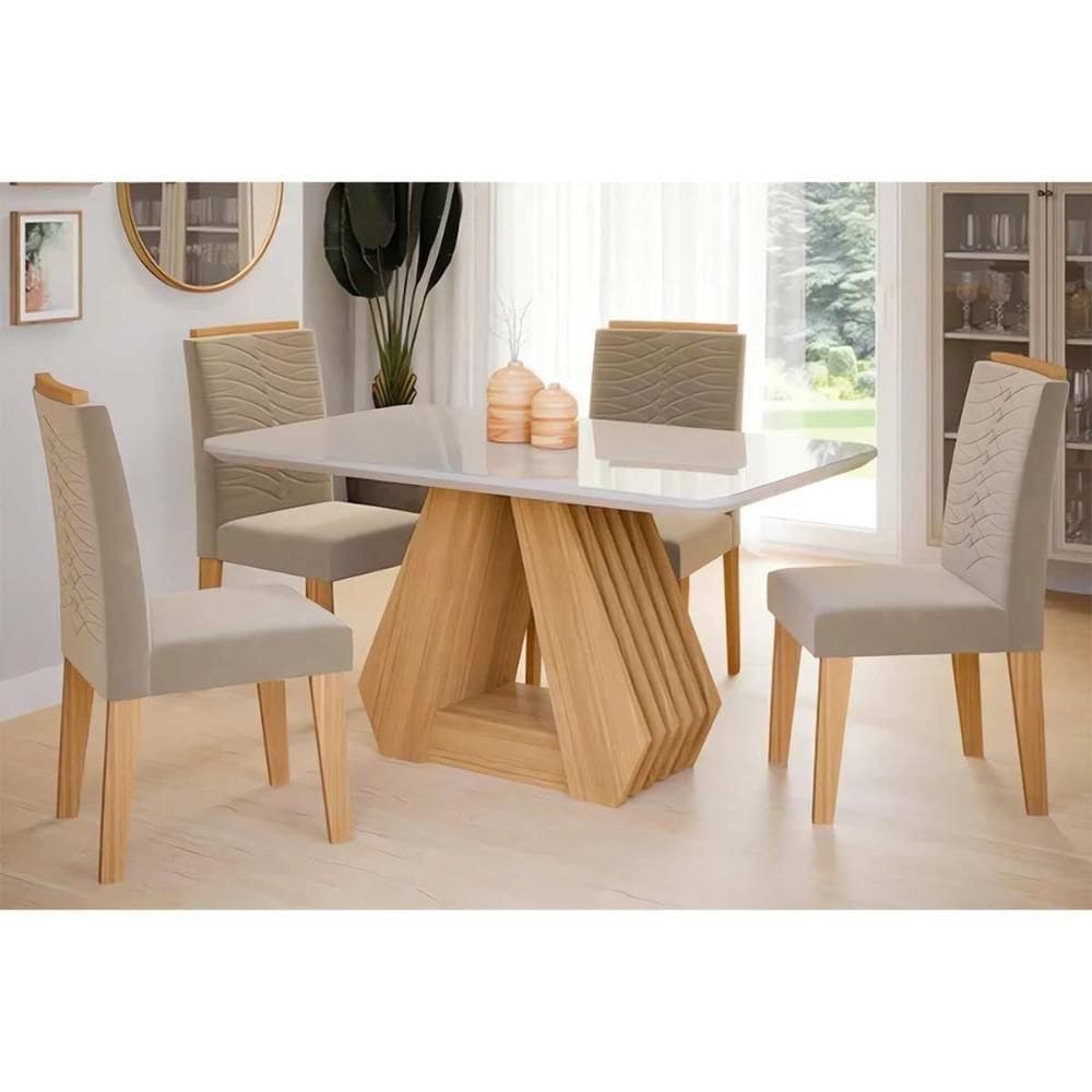 Conjunto Mesa De Cozinha ágata Tampo Madeirado Com Vidro 130x80cm E 4 Cadeiras Clarice Madeirado Linho Bege Cimol