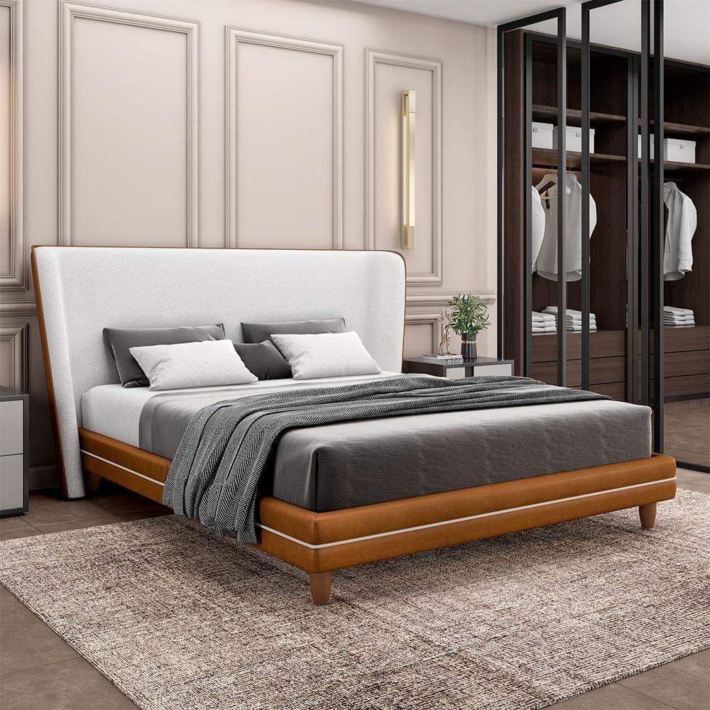 Conjunto Cama Com Cabeceira King Torres Pés Em Madeira Pu/bouclê Caramelo/off White G91 - Gran Belo