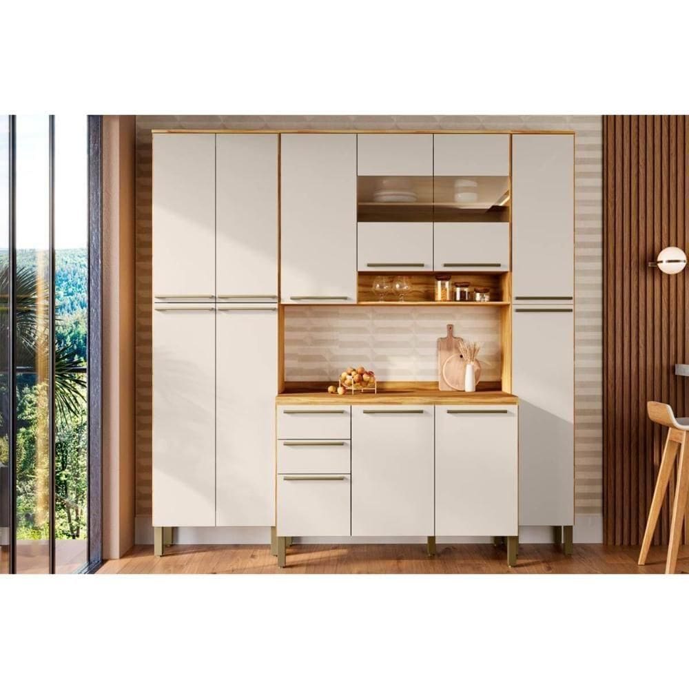 Cozinha Modulada Completa Nápoli  4 Peças 1 Aéreo + Balcão + 2 Paneleiros C4p95 Amendoa Off White Ronipa