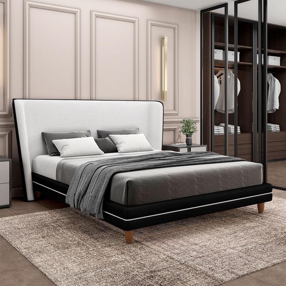 Conjunto Cama Com Cabeceira Casal Torres Pés Em Madeira Pu/bouclê Preto/off White G91 - Gran Belo