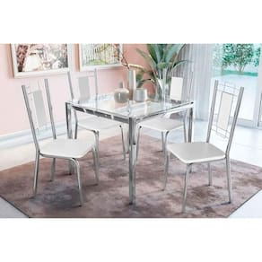 Conjunto Mesa Sala Jantar Reno Com Tampo De Vidro 90x90cm E 4 Cadeiras Lisboa Cromada Branco Kappesberg