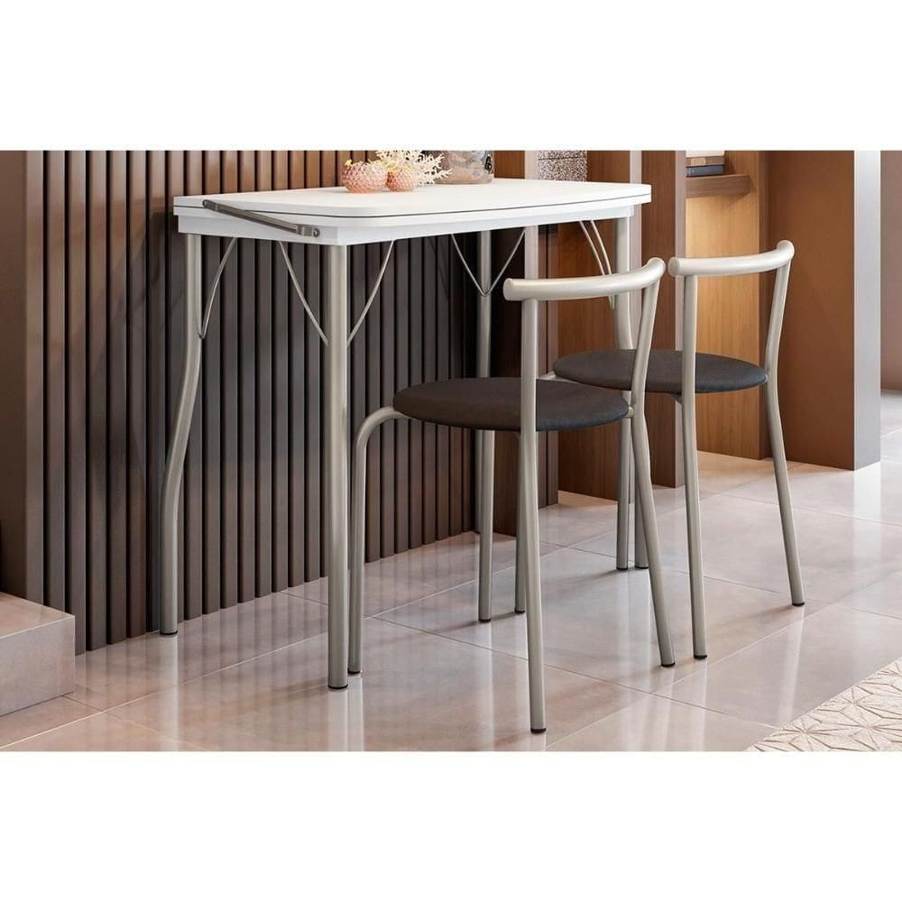 Conjunto Mesa Sala Jantar Dobrável E 2 Banquetas 105 Prata Branco Prata Preto Carraro