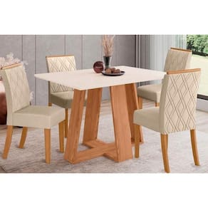 Conjunto Mesa De Cozinha Lins Com Tampo Madeirado 120x80cm E 4 Cadeiras Vita Nature Off White Linho Bege Henn