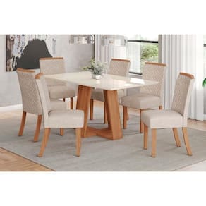 Conjunto Mesa De Cozinha Lins Com Tampo Madeirado Com Vidro 160x90cm E 6 Cadeiras Malu Nature Linho Henn