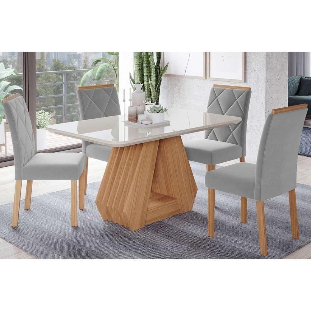 Conjunto Mesa Sala Jantar ágata Tampo Madeirado Com Vidro 130x80cm E 4 Cadeiras Fernanda Madeirado Linho Grafite Cimol
