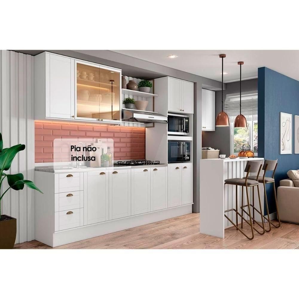 Cozinha Completa 9 Peças Bella 23 Aéreos 3 Balcões 1 Paneleiro 1 Ilha 2 Complementos C9p52 Branco