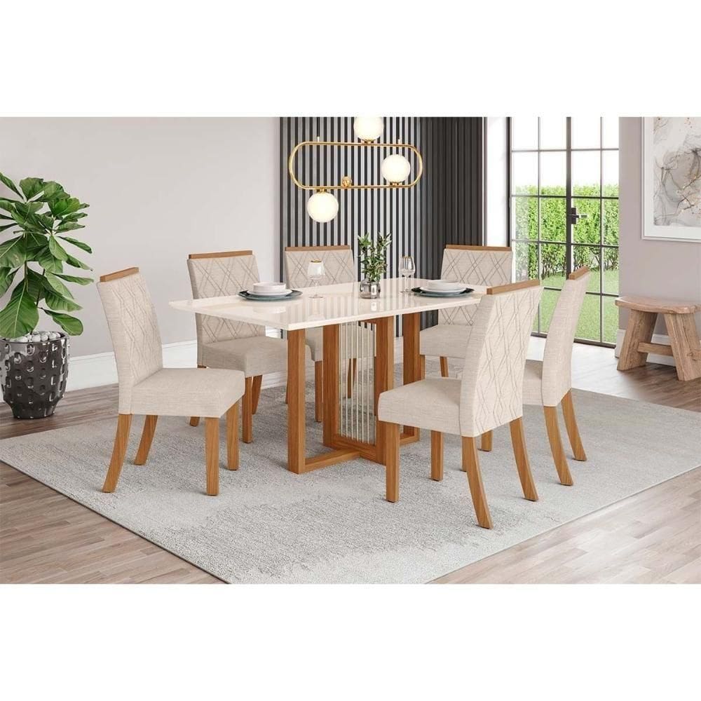 Conjunto Mesa De Cozinha Natalí Com Tampo Madeirado Com Vidro Reto 160x90cm E 6 Cadeiras Vita Nature Linho Henn