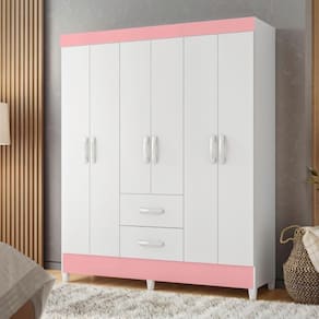 Guarda Roupa 6 Portas Roma Branco Rosa