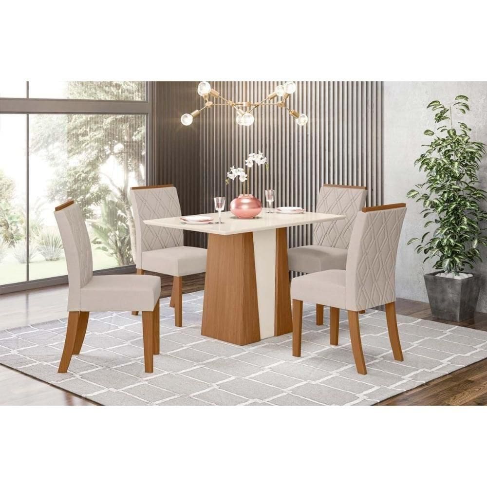 Conjunto Mesa Sala Jantar Orus Com Tampo Madeirado 120x80cm E 4 Cadeiras Vita Nature Off White Linho Bege Henn