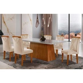 Conjunto Mesa Sala Jantar Luna Tampo Madeirado Com Vidro Curvo 180x90 E 6 Cadeiras Amsterdã Imbuia Suede Creme Rufato