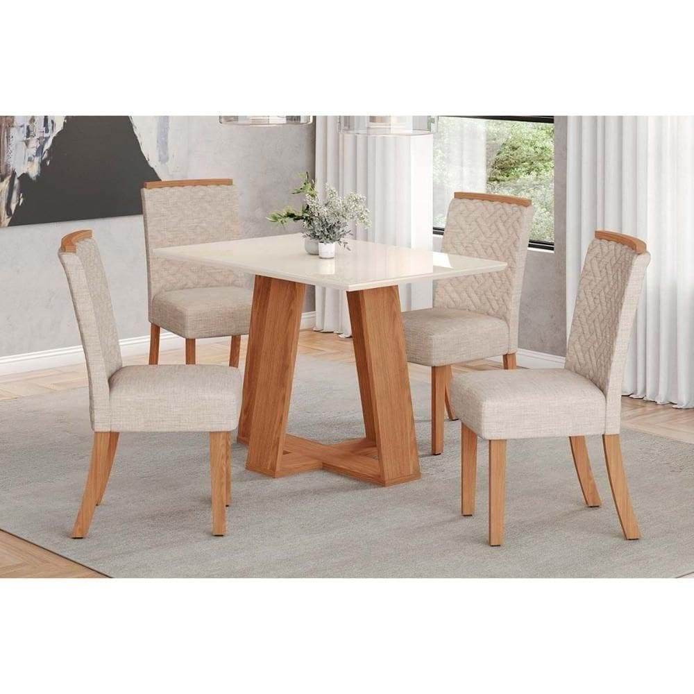 Conjunto Mesa De Cozinha Lins Com Tampo Reto Madeirado Com Vidro 120x80cm E 4 Cadeiras Malu Nature Linho Henn