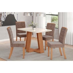 Conjunto Mesa De Cozinha Lins Com Tampo Madeirado Com Vidro Curvo 120x80cm E 4 Cadeiras Esther Nature Linho Cacao Henn