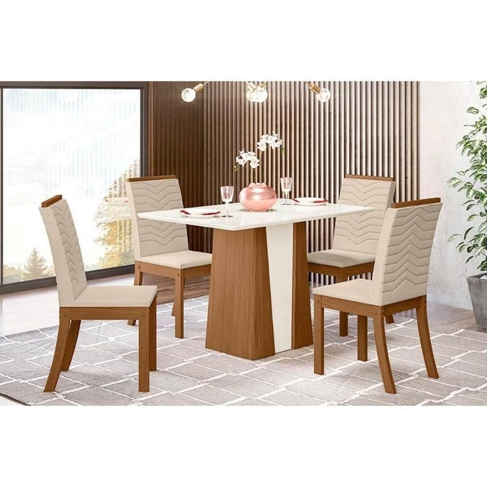 Conjunto Mesa De Cozinha Orus Tampo Madeirado Com Vidro 120x80cm E 4 Cadeiras Isa Nature Linho Henn