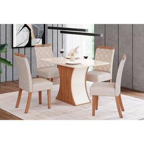 Conjunto Mesa De Cozinha Luiza Tampo Madeirado Com Vidro Canto Reto 120x80cm E 4 Cadeiras Bella Nature Linho Henn