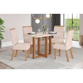 Conjunto Mesa De Cozinha Natalí Com Tampo Madeirado Com Vidro Curvo 120x80cm E 4 Cadeiras Bella Nature Linho Henn